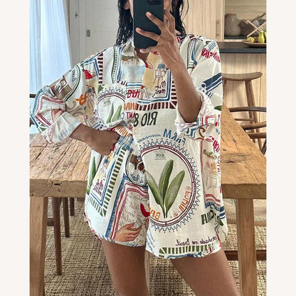 Oversized Printed Women's Shirt in Linen and Cotton, Multicolored Retro Patterns - Casual Style for Summer