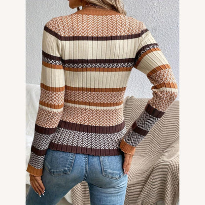 Women's Ribbed Striped Sweater Soft and Stretchy – Round Neck, Long Sleeves, Ideal for Autumn and Winter