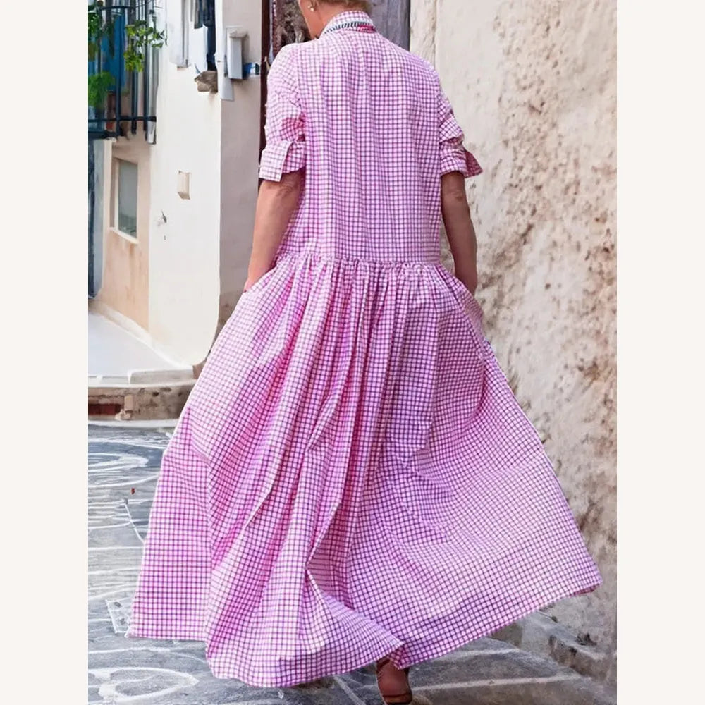 Long Women's Dress with Long Sleeves in Cotton and Linen – Elegant and Comfortable Checkered Fabric