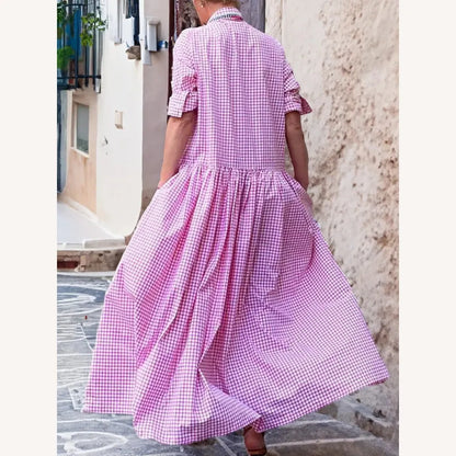 Long Women's Dress with Long Sleeves in Cotton and Linen – Elegant and Comfortable Checkered Fabric