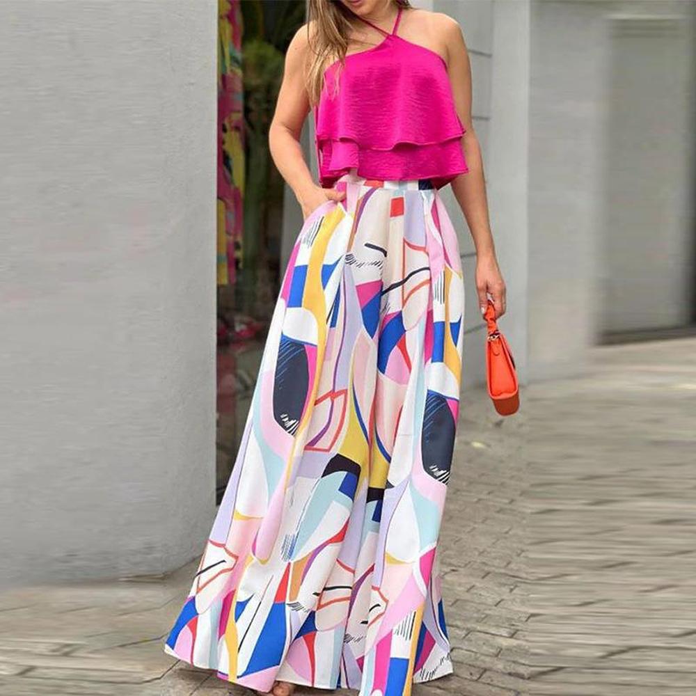 Robe Longue Femme Color Block Halter - Élégante Robe de Soirée Longue pour l'Été, Jupe Aérée et Taille Haute
