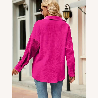 Casual Women's Cotton Magenta Shirt, Long Roll-up Sleeves, Waffle Texture