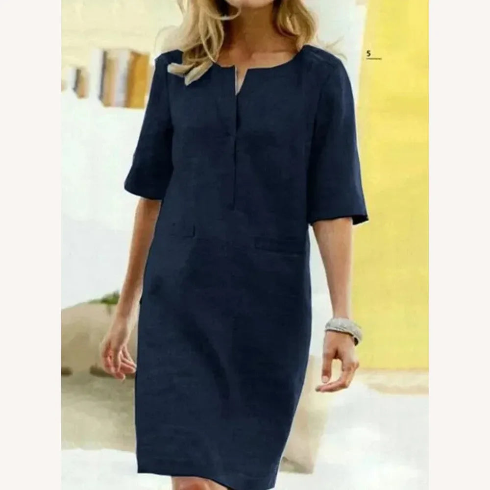 Robe Femme à Manches Courtes en Coton Mélangé – Élégance Décontractée pour Printemps Été