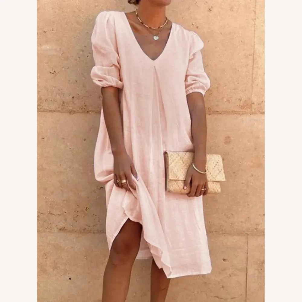 Women's Long Linen Dress with V-Neck - Casual Elegance for Summer, Comfortable and Light