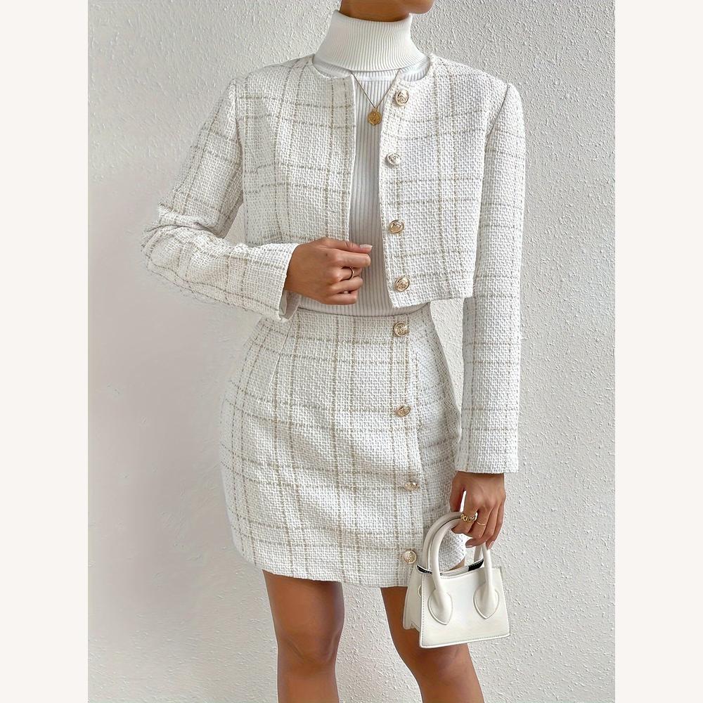 Ensemble Jupe et Veste en Tweed Structuré pour Femme – Chic et Élégant, Taille Haute, Boutons Dorés, Idéal pour Toutes Occasions