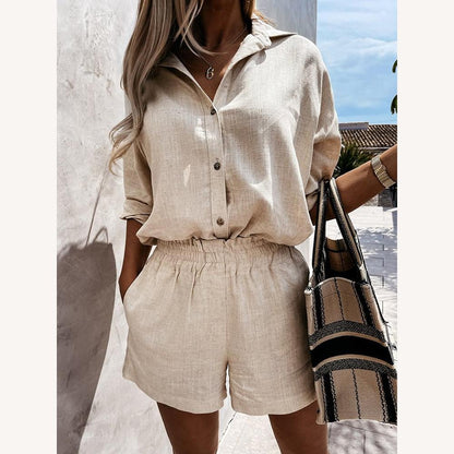 Women's Set Button-Down Shirt and High-Waisted Shorts in Linen Effect – Casual and Elegant for Summer