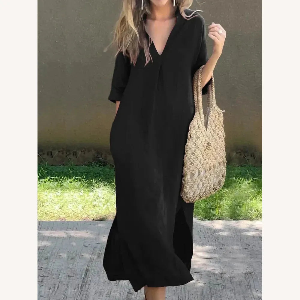 Robe Longue Femme en Lin à Col en V avec Poches – Élégante et Confortable, Disponible en Plusieurs Couleurs