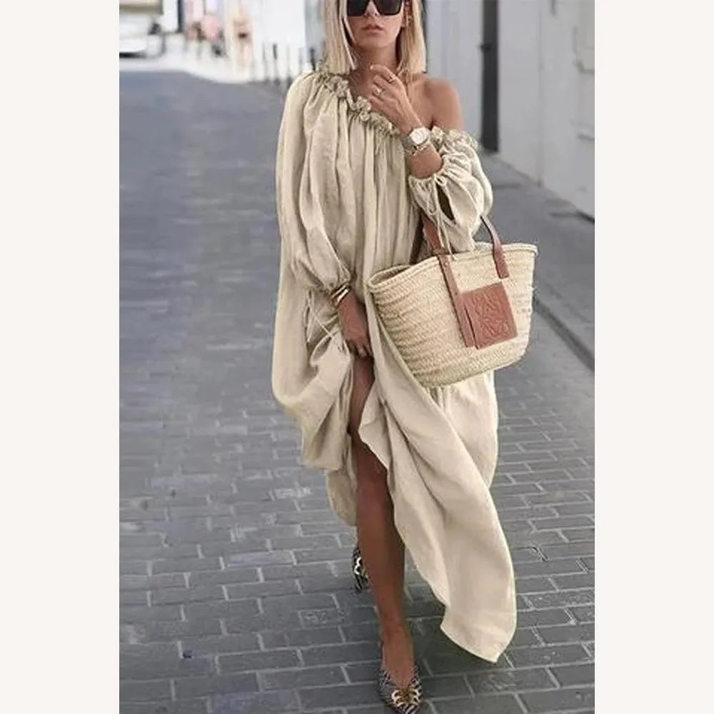 Robe Longue Femme Ample à Une Épaule - Chic et Décontractée en Couleur Unie, Idéale pour Toutes Occasions