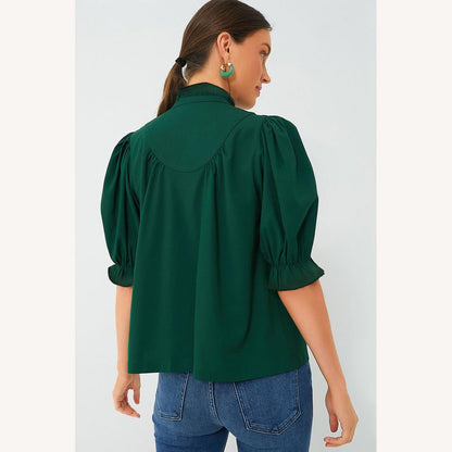 Elegant Women's Blouse with Ruffles Dark Green, Puff Sleeves, High Collar, Fitted Cut