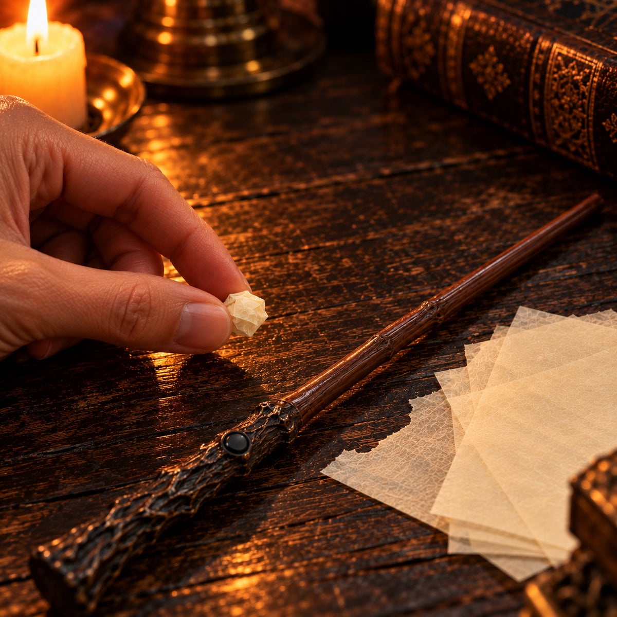 Rolling a small ball of flash paper to load the fire magic wand