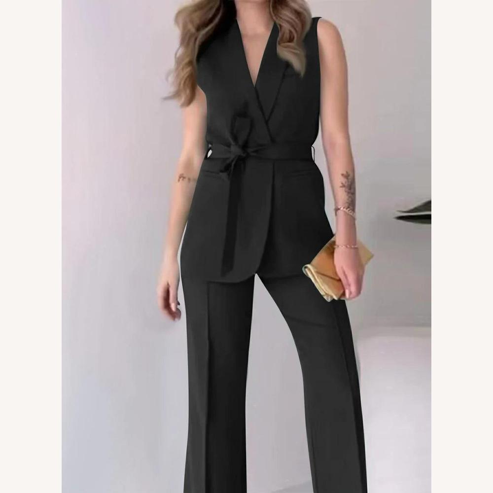 Chic Women's Suit Set – Sleeveless Vest and High-Waisted Straight Pants, Modern Elegance for Office and Events