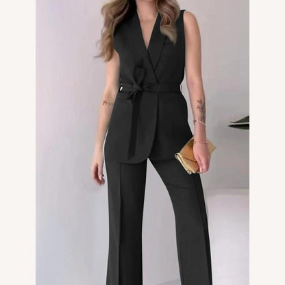 Chic Women's Suit Set – Sleeveless Vest and High-Waisted Straight Pants, Modern Elegance for Office and Events