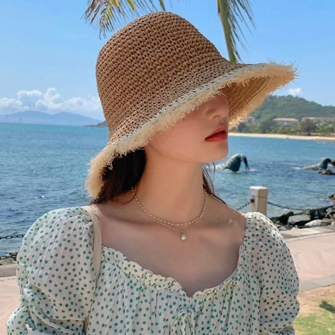 Chapeau de Paille Femme Ajustable avec Protection Solaire – Accessoire Estival Élégant en Paille Naturelle
