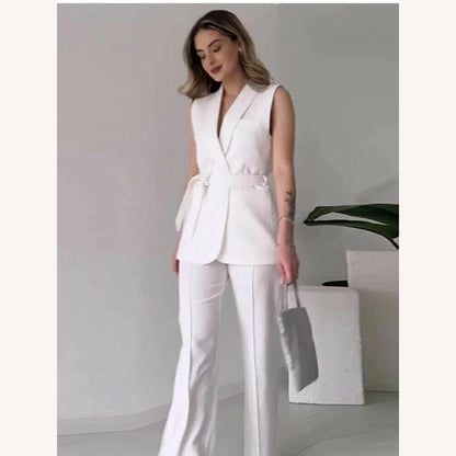 Chic Women's Suit Set – Sleeveless Vest and High-Waisted Straight Pants, Modern Elegance for Office and Events