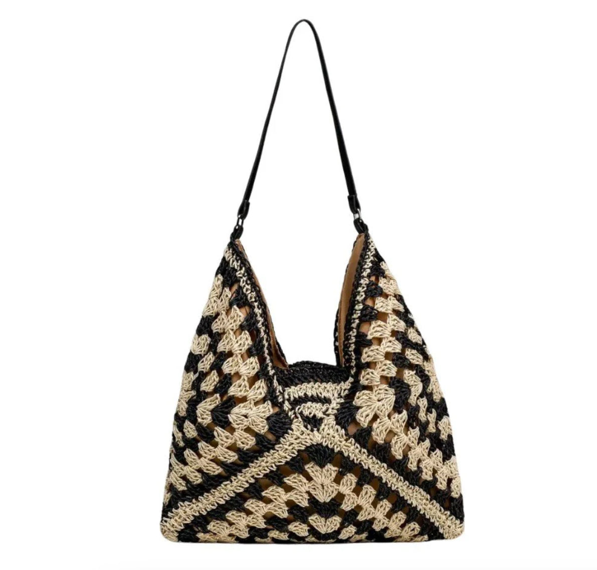 Bohemian Women's Straw Shoulder Bag – Elegant and Light, Light Brown and Black, 35 cm x 22 cm