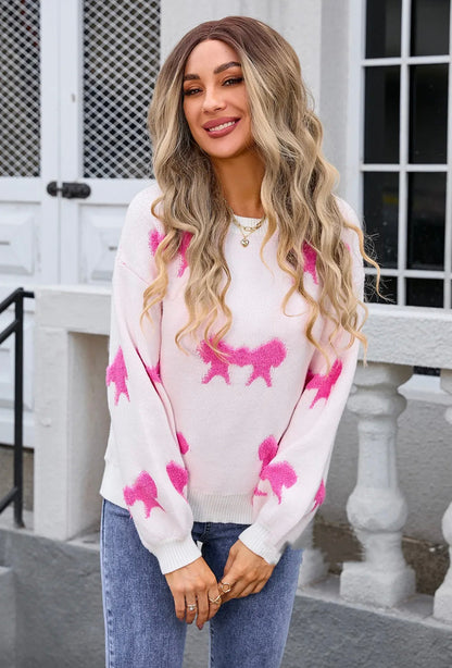 Women's Soft Knitted Sweater with Bow Patterns – Loose and Comfortable Fit, Ideal for Casual Style