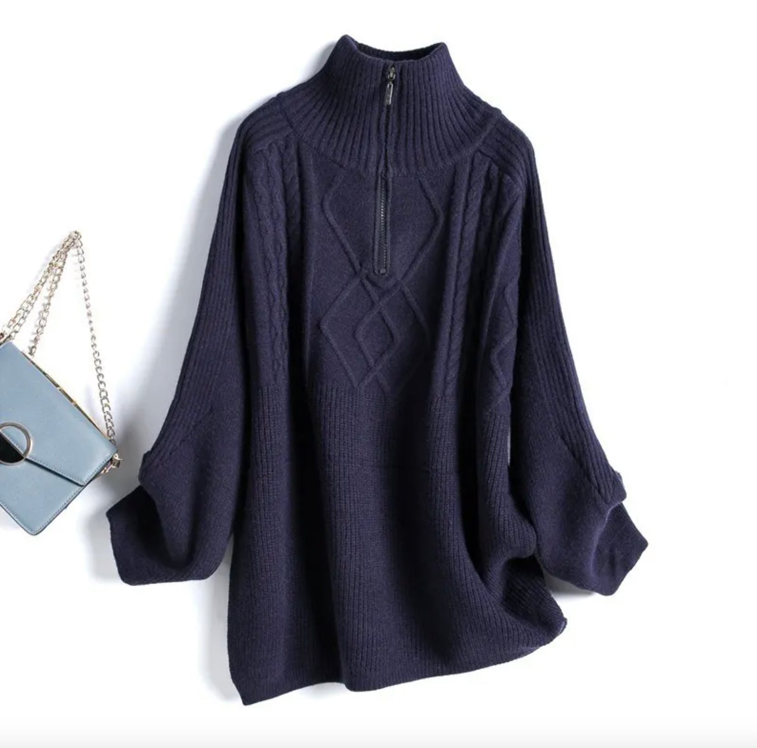 Women's Cable Knit Zip-Up Sweater - Comfort and Elegance, High Neck, Relaxed Fit, Cotton and Acrylic