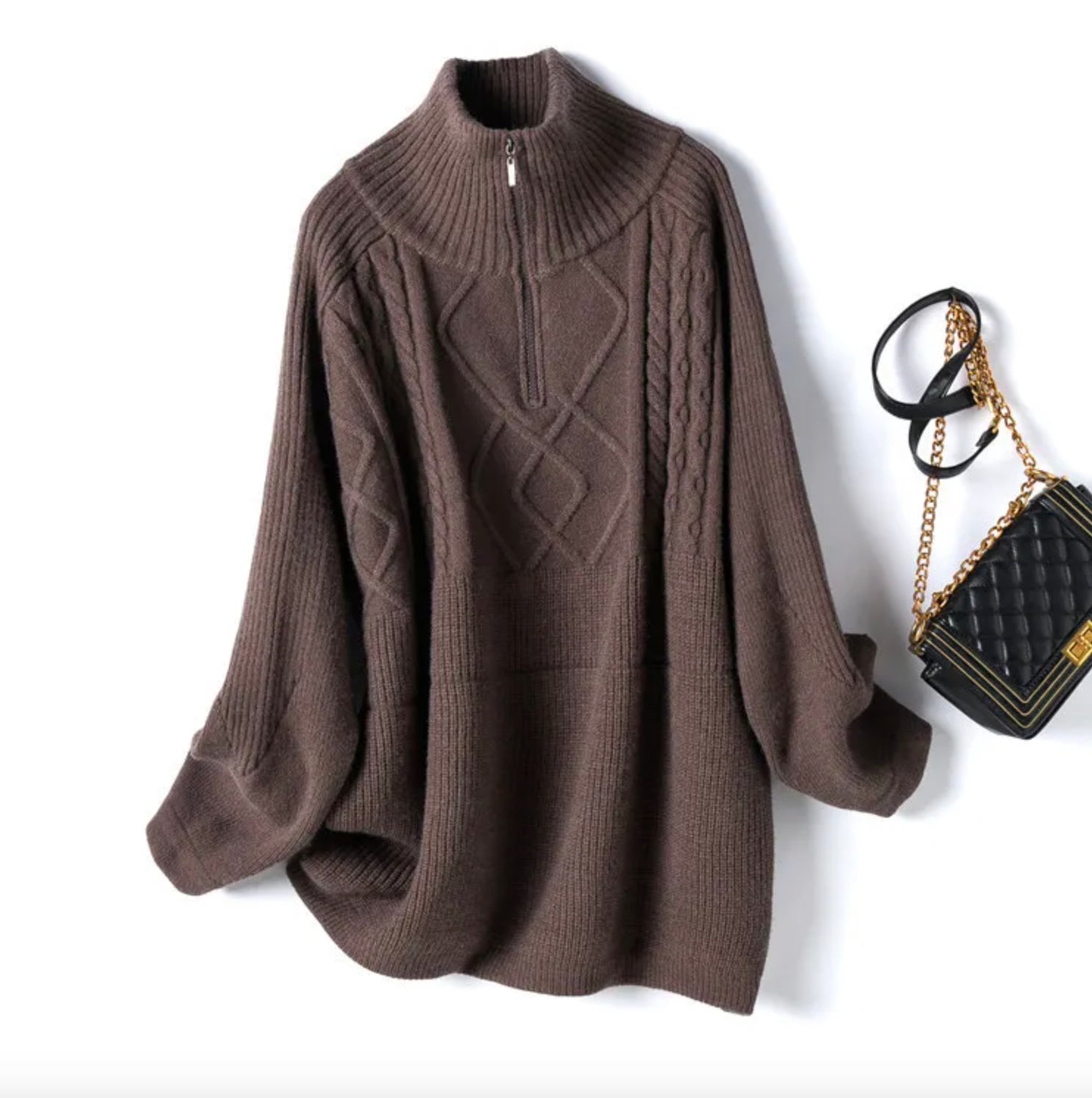 Women's Cable Knit Zip-Up Sweater - Comfort and Elegance, High Neck, Relaxed Fit, Cotton and Acrylic
