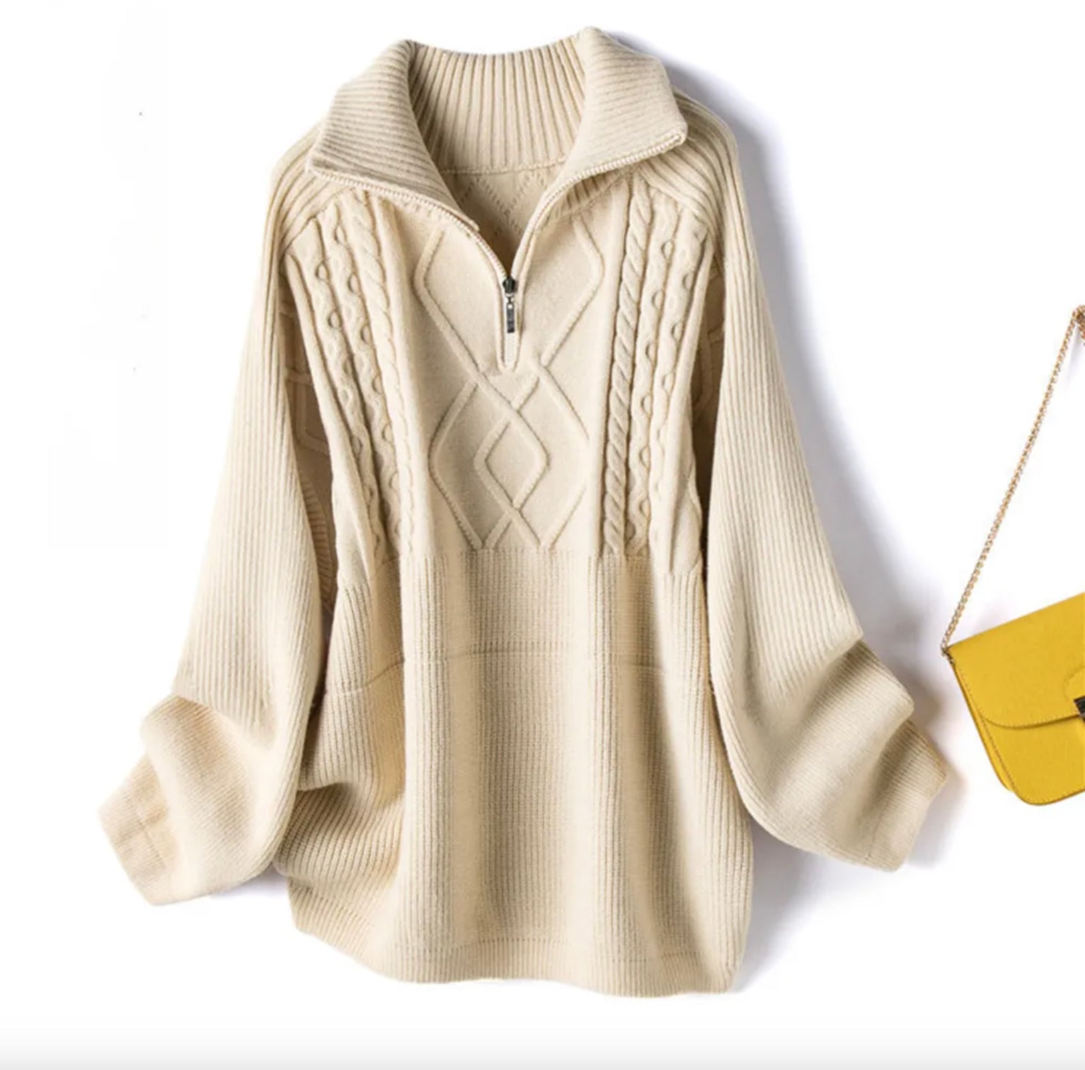 Women's Cable Knit Zip-Up Sweater - Comfort and Elegance, High Neck, Relaxed Fit, Cotton and Acrylic