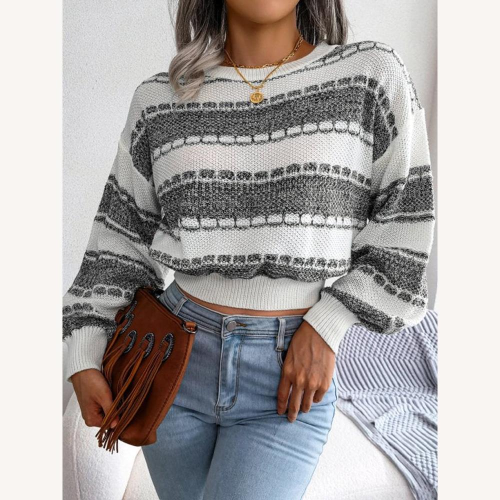 Women's Short and Loose Striped Knit Sweater – Soft and Breathable Fabric, Ribbed Long Sleeves