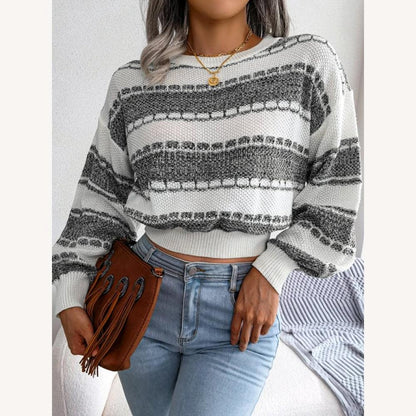 Loose and Short Women's Striped Sweater – Soft and Breathable Knitted Fabric, Long Sleeves with Ribbed Cuffs