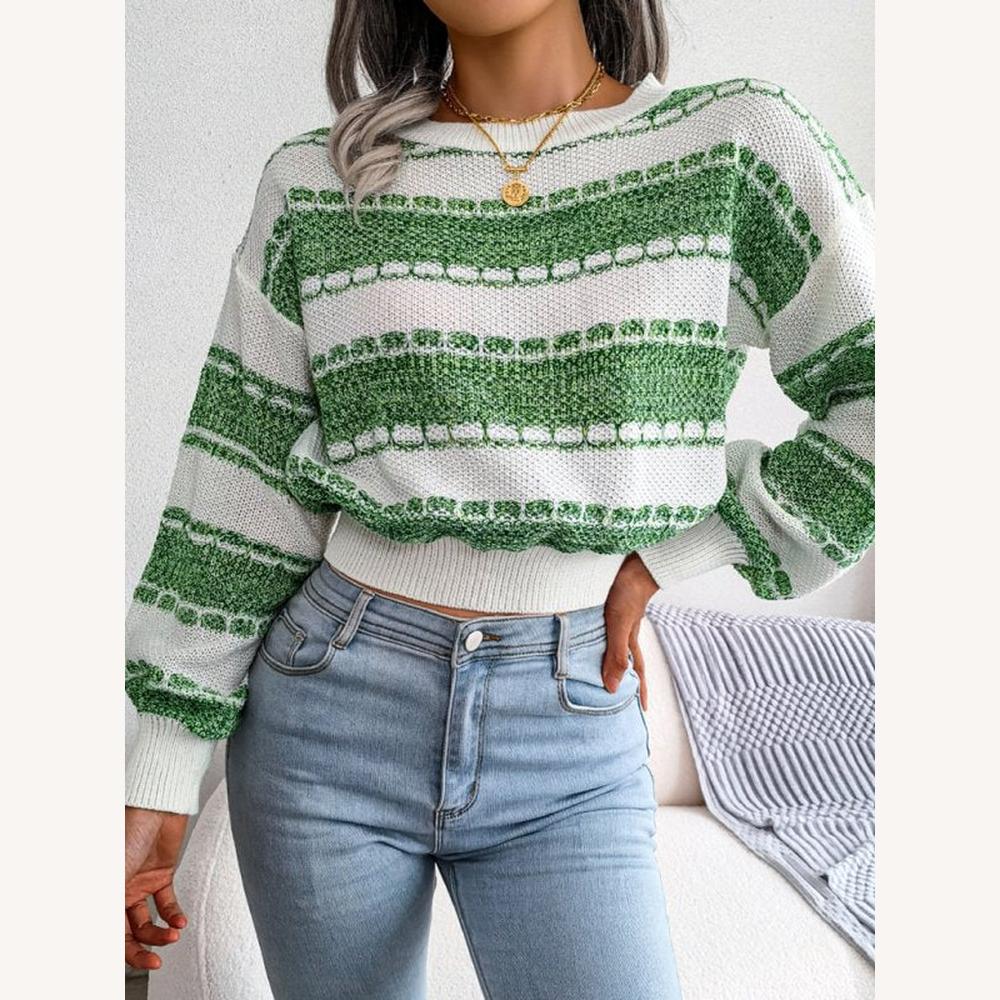 Pull Femme Tricoté à Rayures Courtes et Amples – Tissu Doux et Respirant, Manches Longues Côtelées