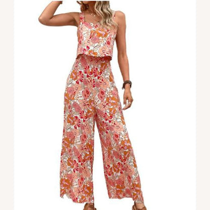 Chic Floral Lightweight Ruffled Women's Jumpsuit, Loose 7/8 Pants, Bohemian Style, Sleeveless, Ideal for Summer