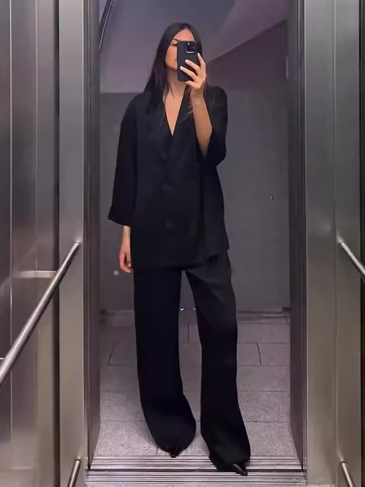 Women's Oversized Satin Suit Set with Double-Breasted Blazer and Wide-Leg Pants – Chic and Elegant