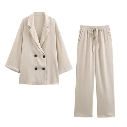 Women's Oversized Satin Suit Set with Double-Breasted Blazer and Wide-Leg Pants – Chic and Elegant