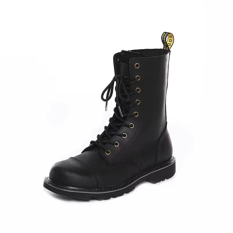 Leather Motorcycle Boots for Men with High Laces and Rubber Sole