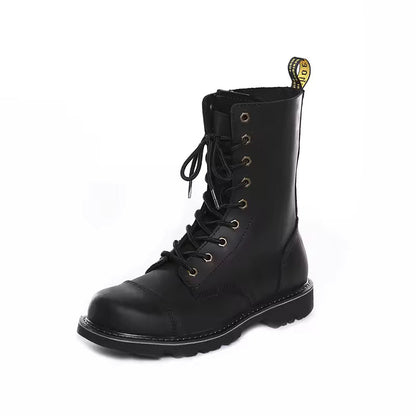 Leather Motorcycle Boots for Men with High Laces and Rubber Sole