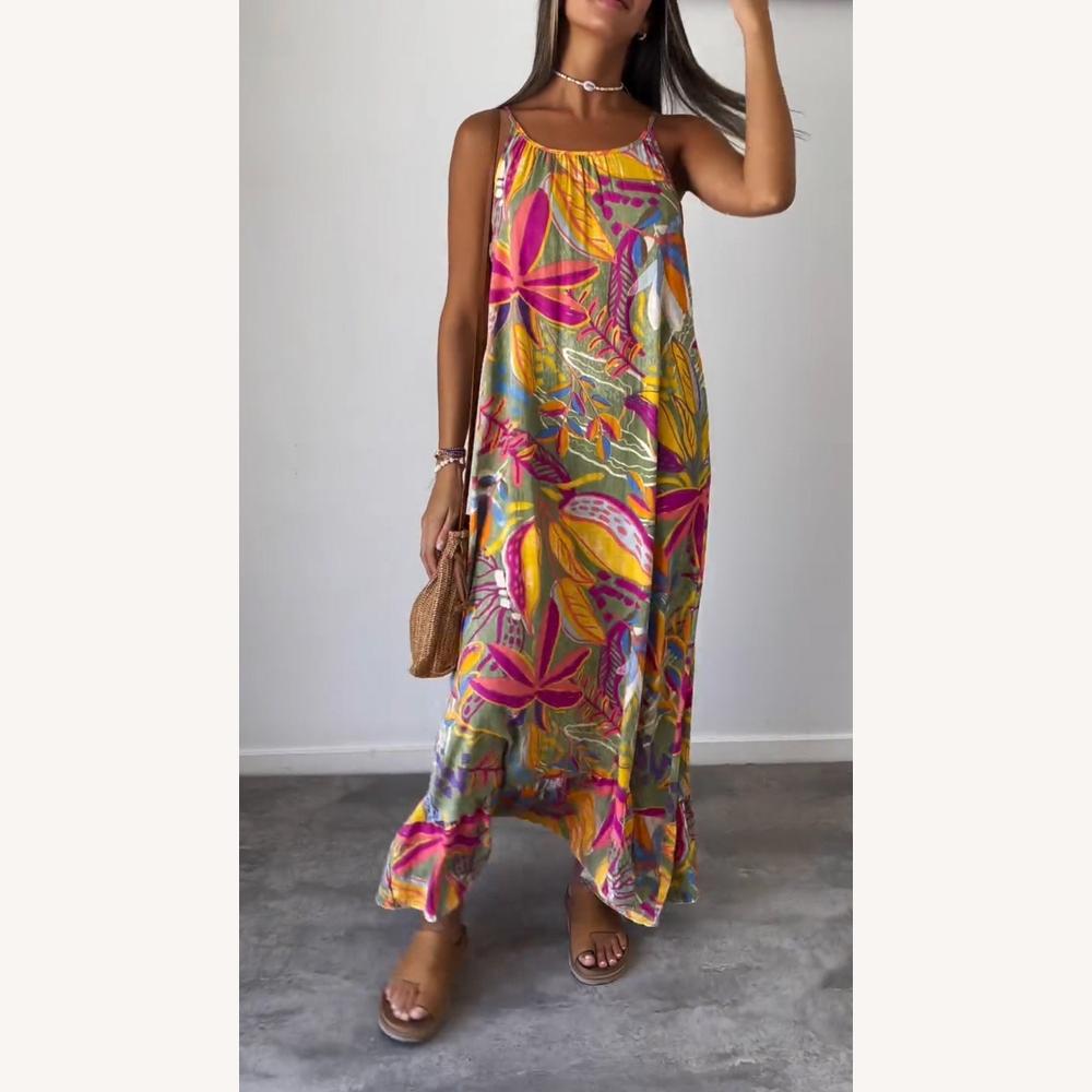 Robe Longue Femme Imprimée Sans Manches en Bleu – Élégance Estivale et Confort