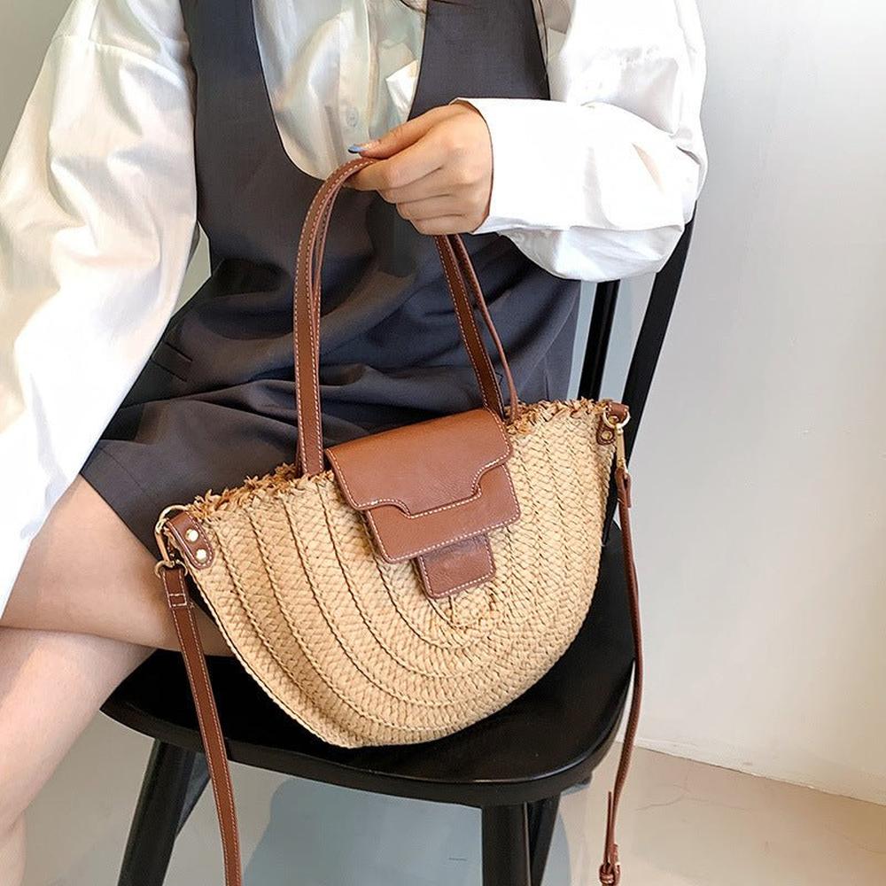 Sac Fourre-Tout en Paille avec Cuir Végétalien pour Femme – Élégant et Spacieux, Idéal pour la Plage et les Sorties Décontractées