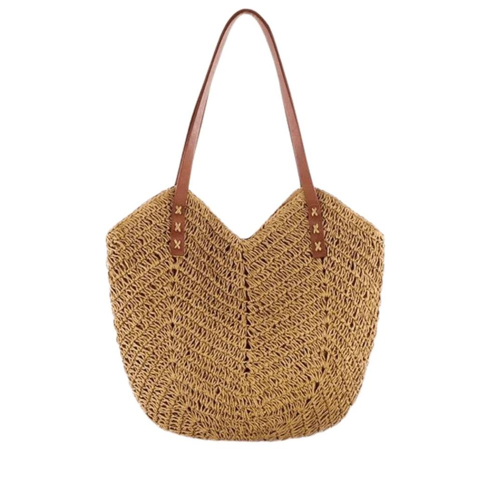 Sac d'Été Femme en Paille Tressée avec Bandoulière en Cuir – Sac d'Été Pratique et Élégant pour Sorties et Plage