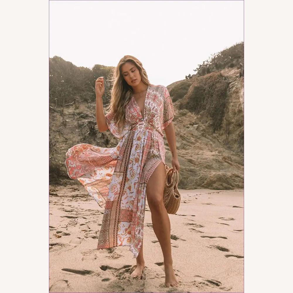 Long Women's Boho Floral Asymmetric Dress in Blended Cotton – Elegant and Comfortable Spring Dress