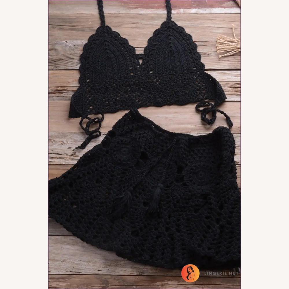 Ensemble de Bikini au Crochet Boho avec Jupe Plissée pour Femme – Tissu Confortable et Élégance d'Été, Tailles S à XL