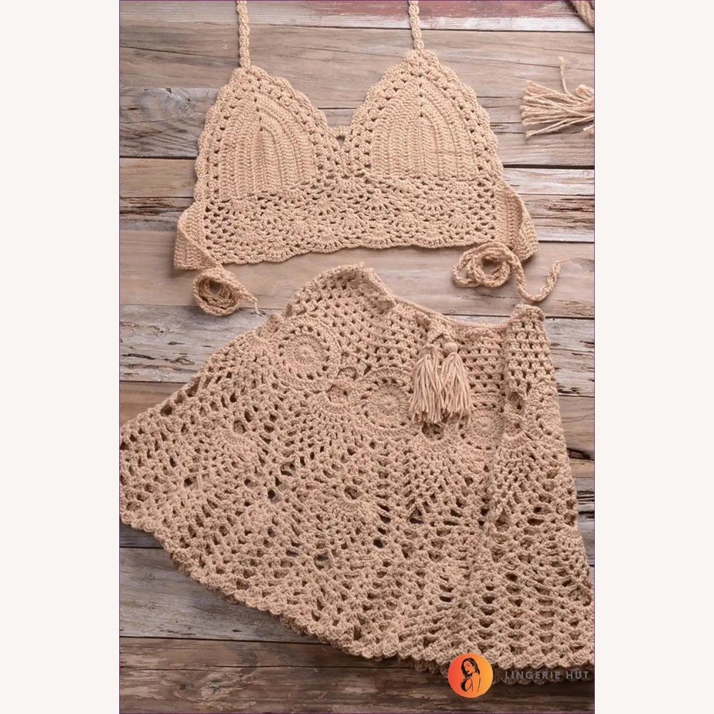 Ensemble de Bikini au Crochet Boho avec Jupe Plissée pour Femme – Tissu Confortable et Élégance d'Été, Tailles S à XL