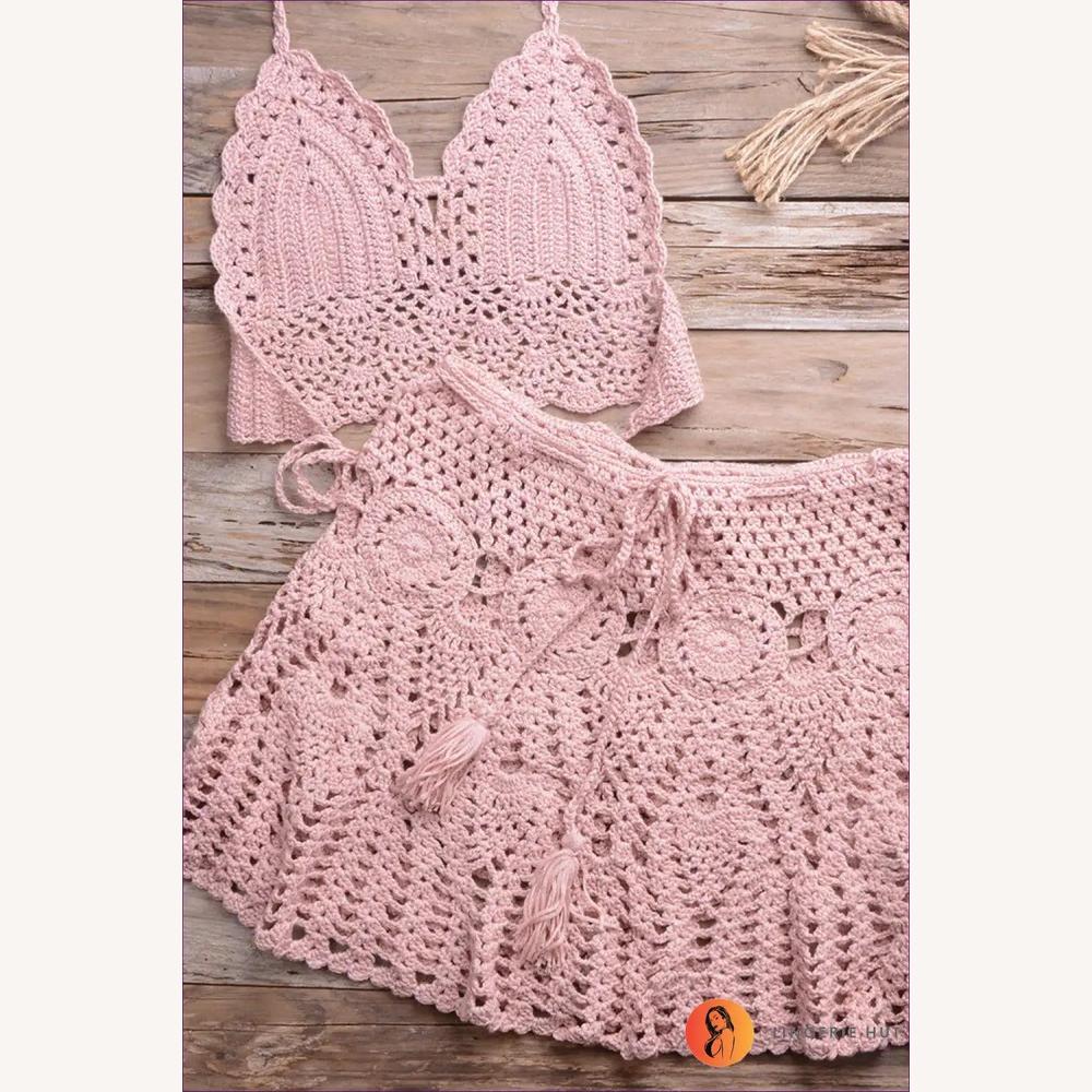 Ensemble de Bikini au Crochet Boho avec Jupe Plissée pour Femme – Tissu Confortable et Élégance d'Été, Tailles S à XL