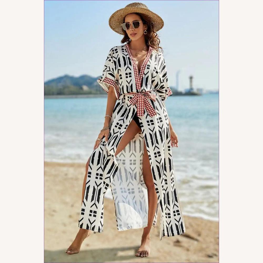 Cardigan de Plage Imprimé Boho avec Détail Ceinturé – Élégance d'Été pour Femme, Manches 1/2, Polyester Léger