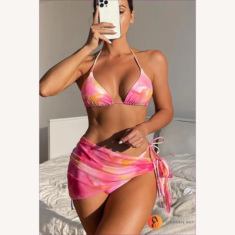 Ensemble de Maillot de Bain Femme Boho Tie-Dye en Trois Pièces avec Jupe Assortie – Confort Polyester, S, M, L