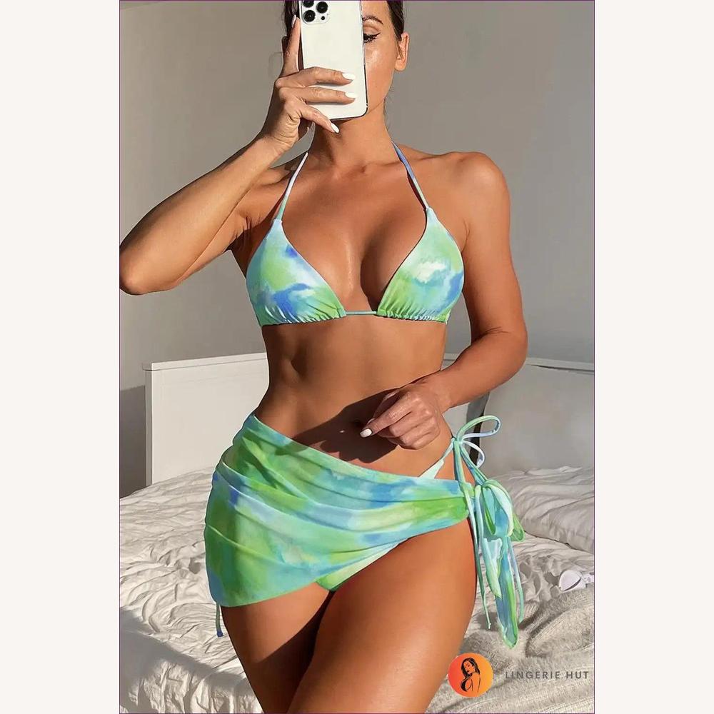 Ensemble de Maillot de Bain Femme Boho Tie-Dye en Trois Pièces avec Jupe Assortie – Confort Polyester, S, M, L