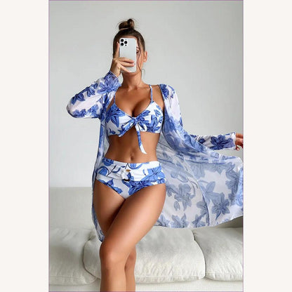 Women's Tropical Boho 3-Piece Swimsuit Set with Long Sleeve Top and Lace Details