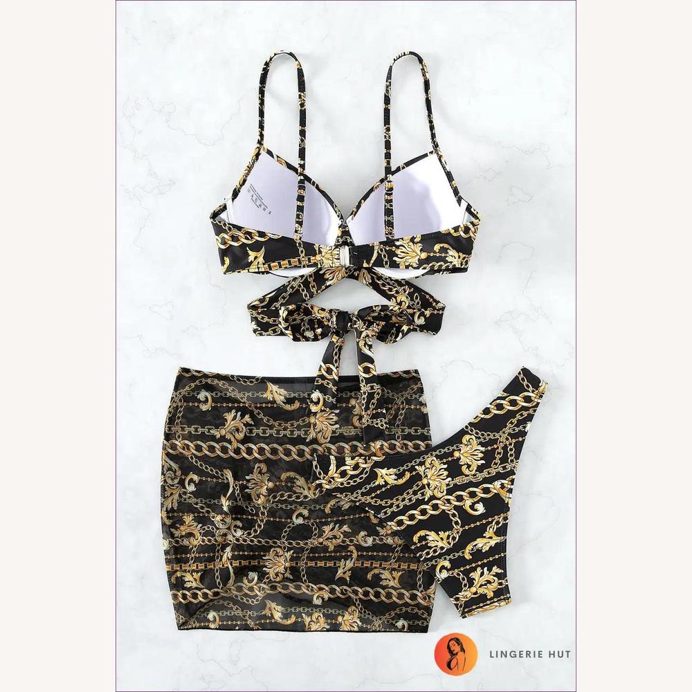 Bikini Femme Boho en Trois Pièces avec Imprimé Baroque et Détails à Lacets – Maillot de Bain Confortable pour l'Été