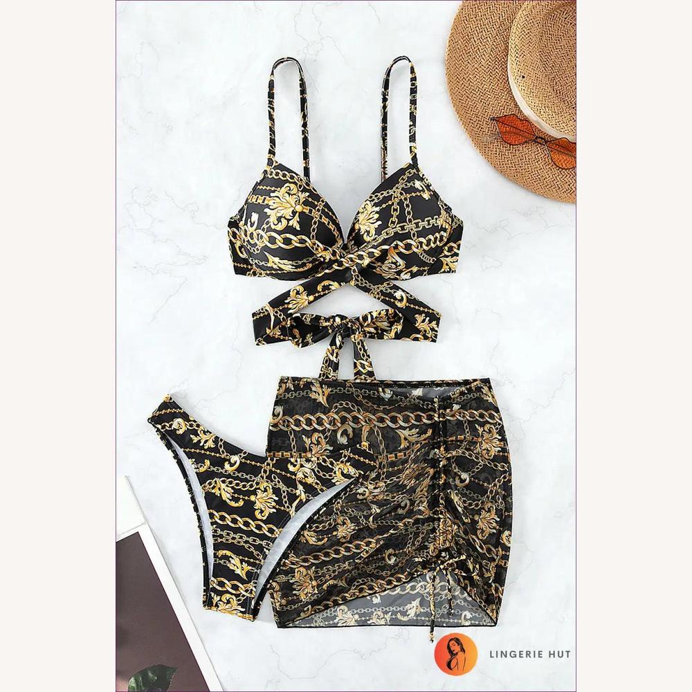 Bikini Femme Boho en Trois Pièces avec Imprimé Baroque et Détails à Lacets – Maillot de Bain Confortable pour l'Été