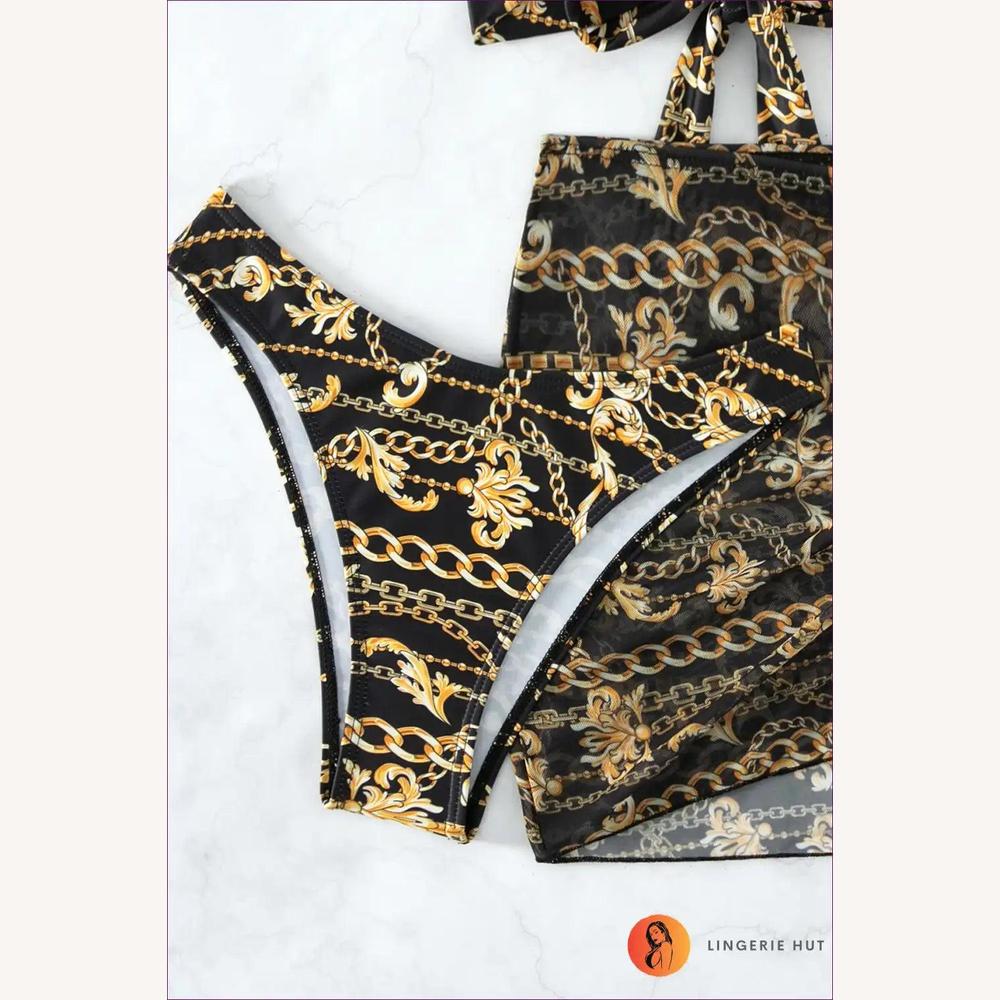 Bikini Femme Boho en Trois Pièces avec Imprimé Baroque et Détails à Lacets – Maillot de Bain Confortable pour l'Été