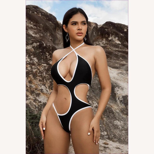 Women's One-Piece Swimsuit with Cutouts Black and White – Boho Chic Style, Soft and Durable Fabric