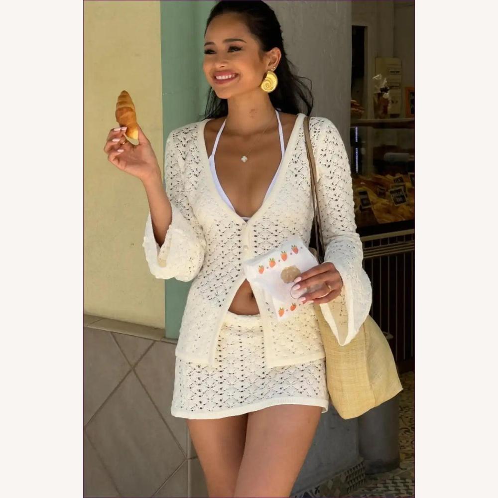 Women's Boho Chic Crochet Set - V-Neck Cardigan and Matching Mini Skirt in Breathable Cotton