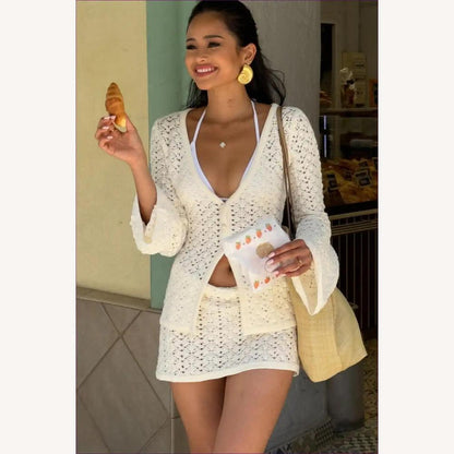 Women's Boho Chic Crochet Set - V-Neck Cardigan and Matching Mini Skirt in Breathable Cotton