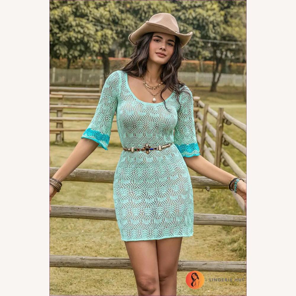 Robe Femme Mini en Crochet Turquoise avec Ceinture et Manches 3/4 – Style Boho Western en Coton Légère