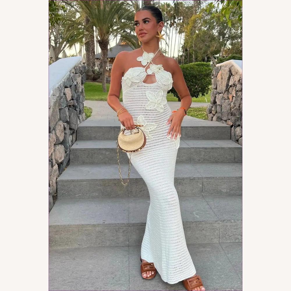 Robe Longue Femme en Crochet Bleu – Élégante Robe Maxi Bohème d'Été avec Détails Flottants